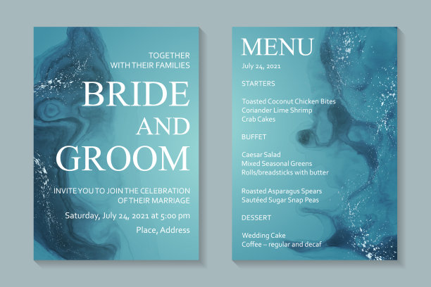 婚礼邀请与蓝色水彩波浪或流动艺术在酒精墨水风格与银色闪光。图片下载