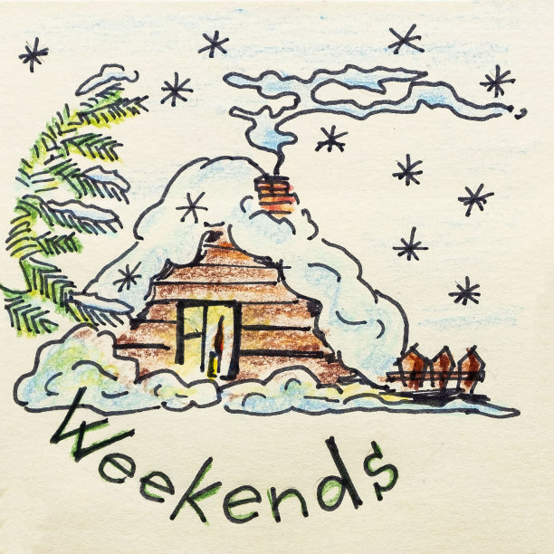 冬天的周末，乡村，木屋和烟从烟囱。深的雪。彩色铅笔画画。插图与祝贺。图片下载