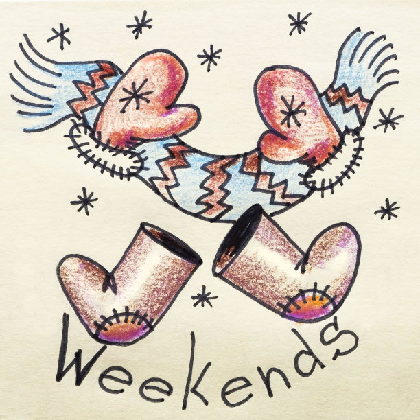 冬季周末，一套冬季保暖的衣服，毡靴，围巾和手套。彩色铅笔画画。插图与祝贺。图片下载