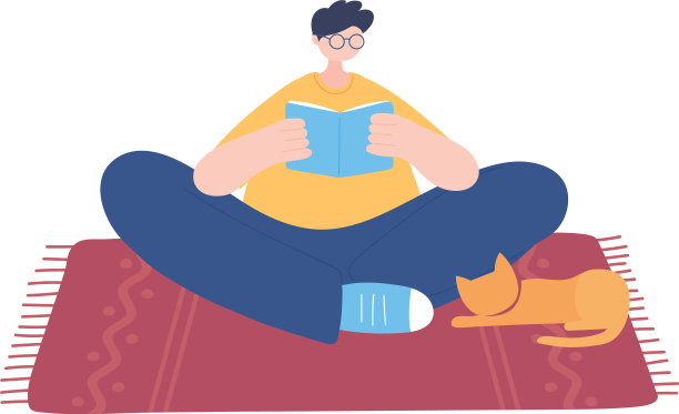 一个年轻人和一只猫在隔离的地板上看书图片下载