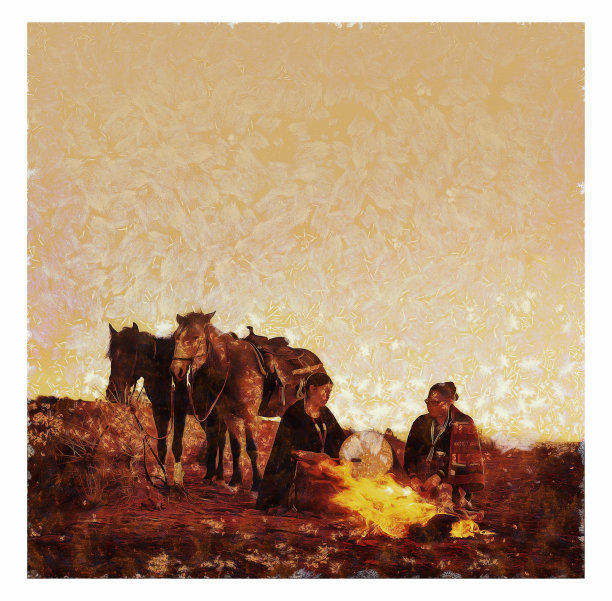 纳瓦霍兄弟姐妹围坐在亚利桑那州沙漠的篝火旁图片下载