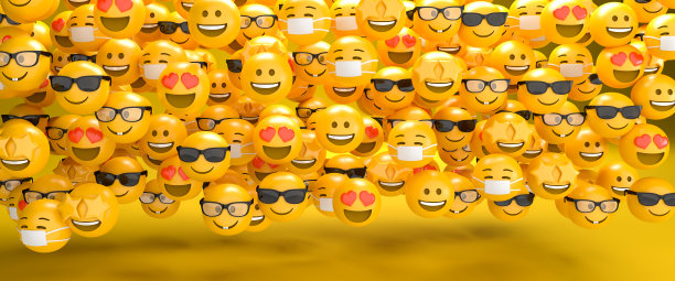 一组重复的6个不同的面部表情符号笑脸的3d渲染。网络横幅的尺寸。图片下载