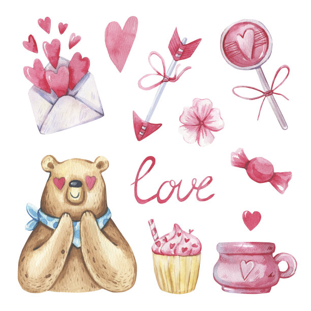 浪漫的水彩收藏熊粉色的心，箭头，花，钥匙，字母，甜点，在白色的背景。情人节的水彩画图片下载