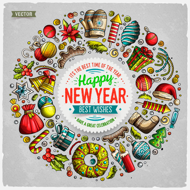 一套新年卡通涂鸦物体圆框架图片下载