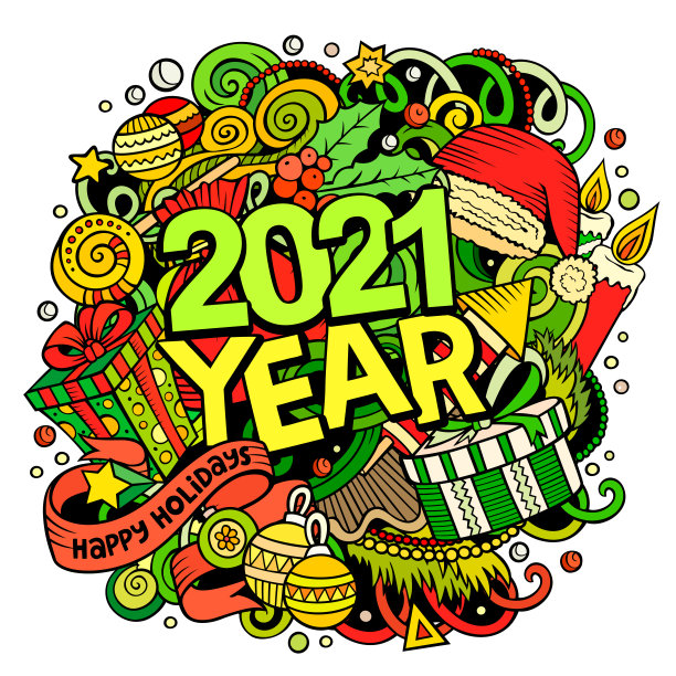 2021年手绘涂鸦插画。新年物品和元素海报图片下载