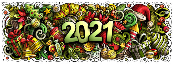 2021年涂鸦横插画。新年物品和元素海报图片下载
