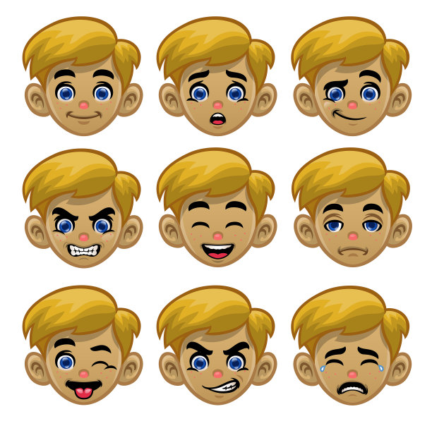 设置白色男孩的头与各种眼睛和嘴表情图片下载