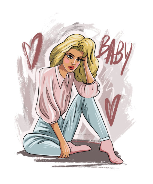 字体标语:宝贝和卡通女孩。矢量插图EPS 10图片下载