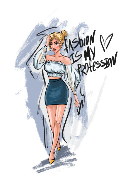 时尚是我的职业口号。手绘美丽的年轻女子。时尚的女人看。草图。矢量插图EPS 10图片下载