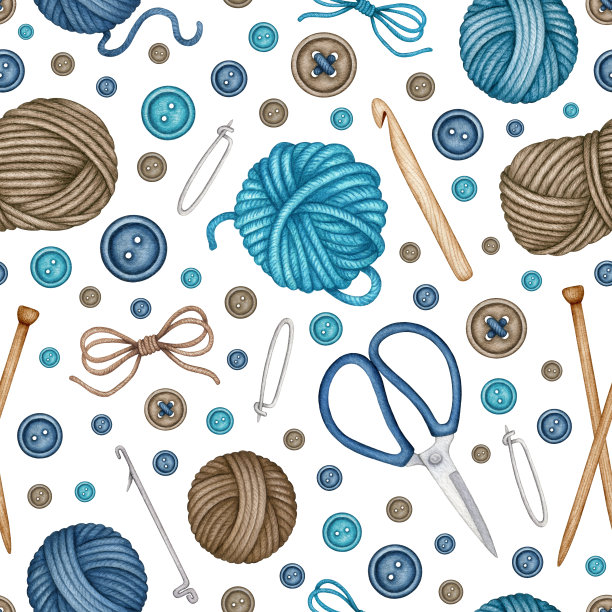 水彩编织和钩针工具无缝图案。采购产品羊毛纱线绞，球，木制编织针，钩针，剪刀。手绘背景图片下载