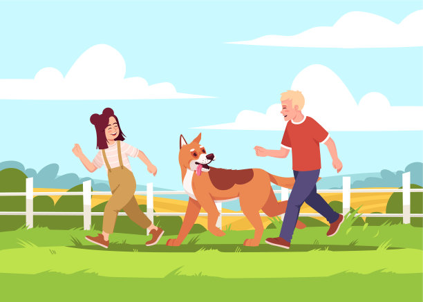 孩子们带着牧羊犬跑半平图片下载
