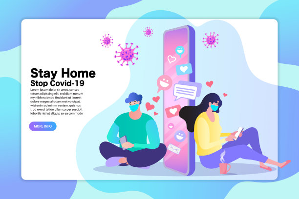 男人和女人用手机一起聊天社交。社交距离与COVID-19危机概念。最小现代设计插画向量。图片下载