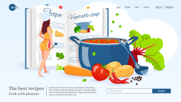 网站设计，女子阅读食谱，食谱书，平底锅配汤，蔬菜。食谱，自制食物，食物准备，学习概念。图片下载