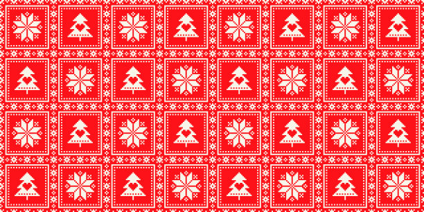 冬季假日像素方格图案。圣诞星和圣诞树无缝方形装饰。针织毛衣图案设计的矢量方案。百衲被模仿。图片下载