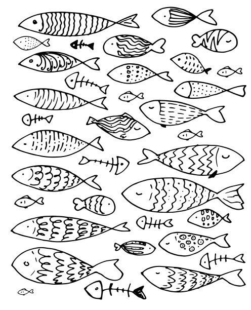 一组矢量风格化的鱼，在白色背景上有黑线图案，在不同的方向游泳。收藏的水族鱼和鱼骨架手绘在涂鸦的风格。线性艺术。儿童插画图片下载
