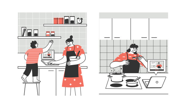 年轻人、成年人、家人在家里通过笔记本电脑或平板电脑准备食物。花时间在厨房，烹饪训练，爱好。准备自制的饭菜。图片下载