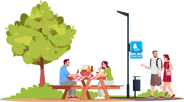 一对夫妇坐在公园半拖车的野餐桌旁图片下载