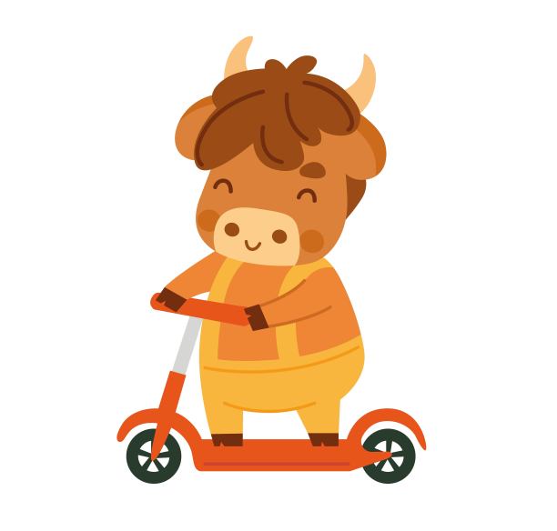 卡通人物牛。可爱的小奶牛。骑摩托车的卡哇伊公牛。图片下载