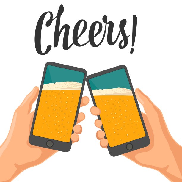 男人手牵着手，用啤酒碰碰手机。图片下载