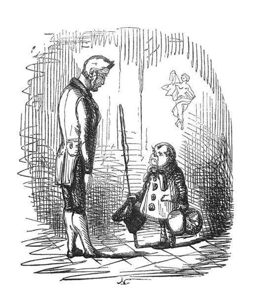 英国讽刺漫画漫画插图-非常小的人拿着一顶帽子和马鞭看着一个非常高的人图片下载