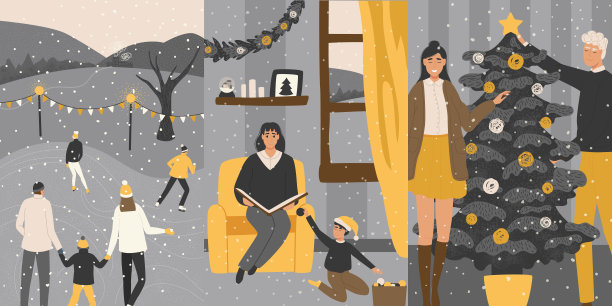 圣诞节和2021年在家里。一套圣诞快乐的冬季插图，父母和孩子装饰圣诞树，散步，庆祝圣诞夜，聚餐，交换礼物。矢量图图片下载