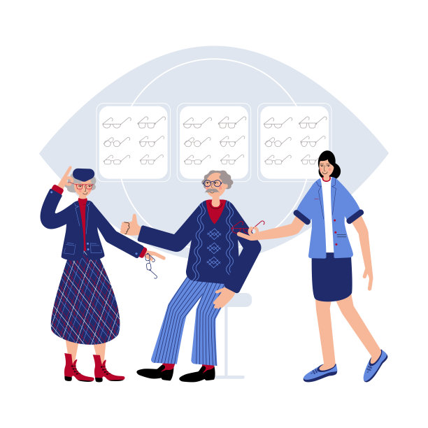 可爱的老夫妇，戴着时尚眼镜。年轻的医生帮助人们选择合适的眼镜。图片下载