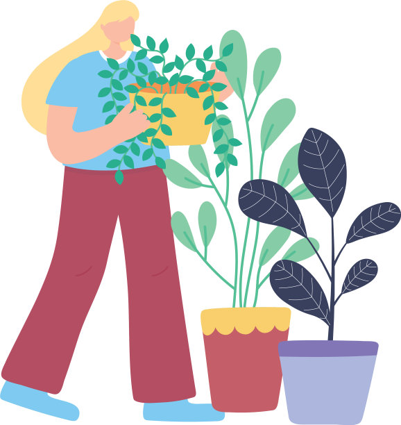 年轻女子与盆栽植物园艺图片下载