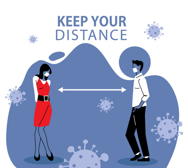戴面具的男女之间的社交距离图片下载