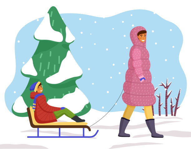 母女冬季散步：母亲拉着孩子滑雪橇，家人同行图片下载
