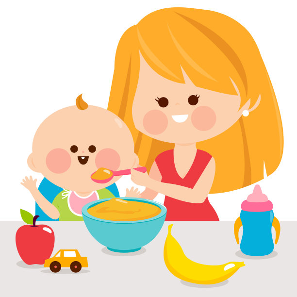 母亲喂宝宝吃一碗麦片和水果的矢量图图片下载