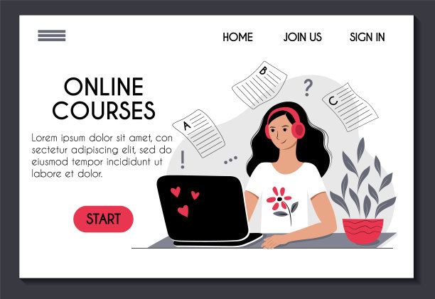 在线培训语言课程网站模板。在家学习。年轻女子戴着耳机听网络研讨会或讲座。UI UX设计登陆页面。Stock vector flat character插图图片下载