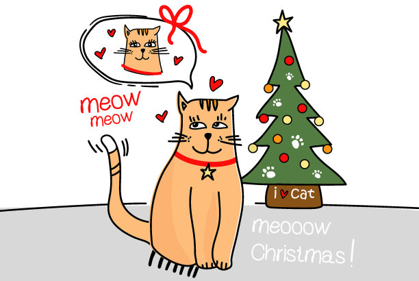 向量喵圣诞爱猫与圣诞树图片下载