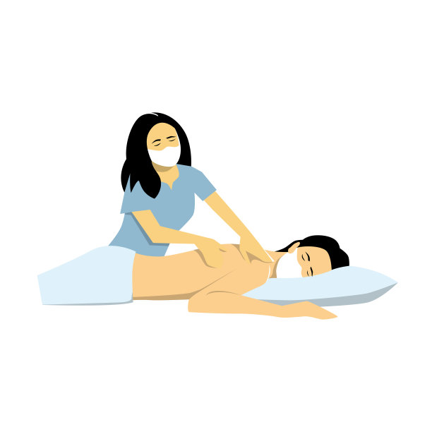 背部有呼吸按摩，健康服务，佩戴医用口罩。平面设计矢量插图。年轻女子戴着口罩接受按摩，预防图片下载