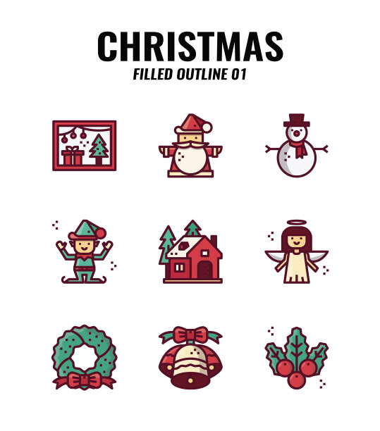 圣诞节填充轮廓图标集1。圣诞装饰和装饰元素。向量图片下载