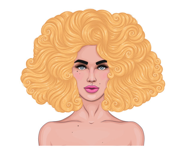 矢量彩色肖像妇女与茂盛的卷发。黄色波浪发。时尚模特，干净健康的皮肤。有吸引力的金发女郎裸露的肩膀。设计时尚插画t恤孤立的白色背景图片下载