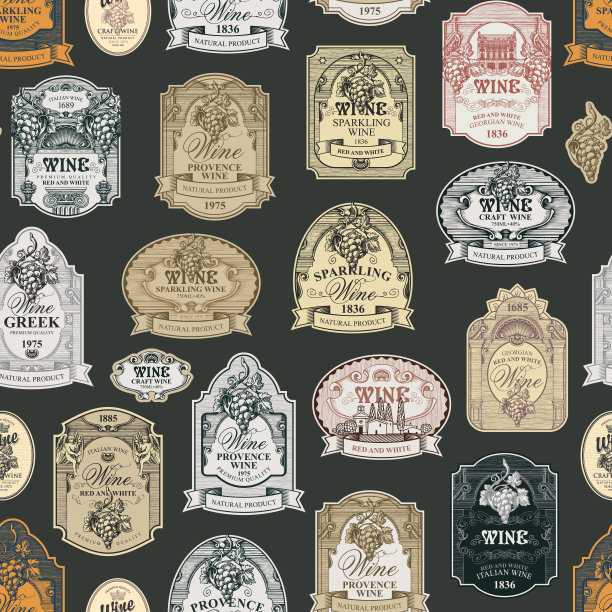 矢量无缝模式与各种葡萄酒标签图片下载