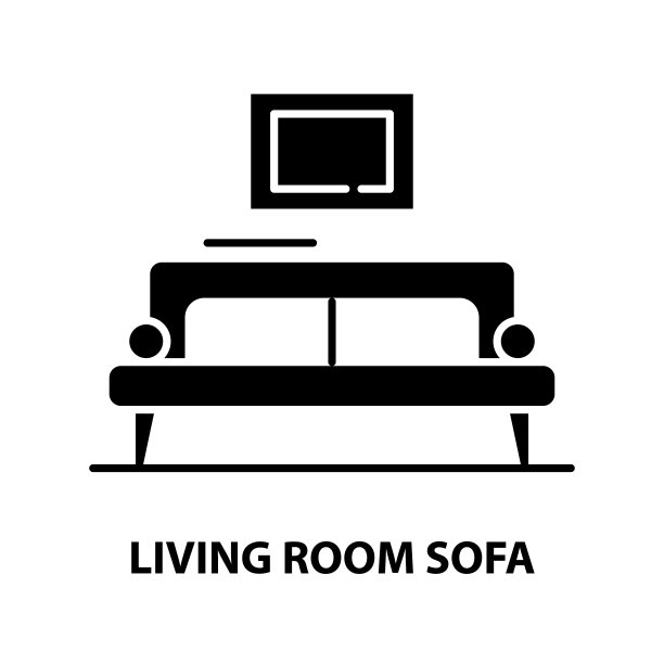 客厅沙发图标，黑色矢量符号与可编辑的笔触，概念插图图片下载
