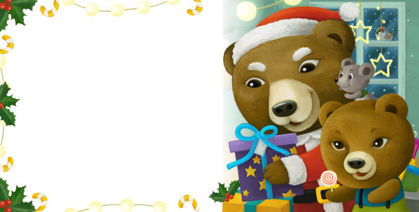 卡通场景与动物圣诞老人熊与礼物圣诞画框-插图图片下载