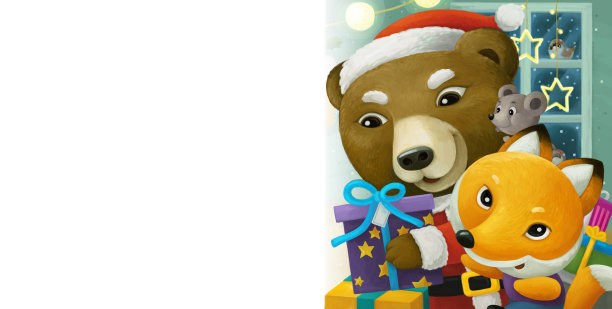 卡通场景与动物圣诞老人熊与礼物圣诞画框-插图图片下载