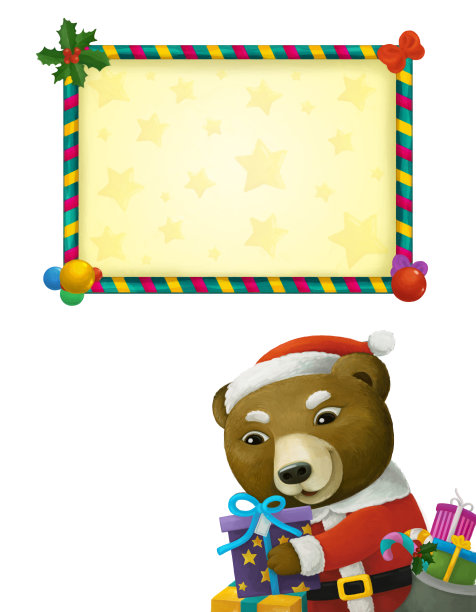 卡通场景与动物圣诞老人熊与礼物圣诞框架在白色的背景-插图图片下载