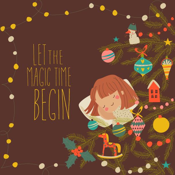 美丽的卡通女孩睡在圣诞树旁图片下载