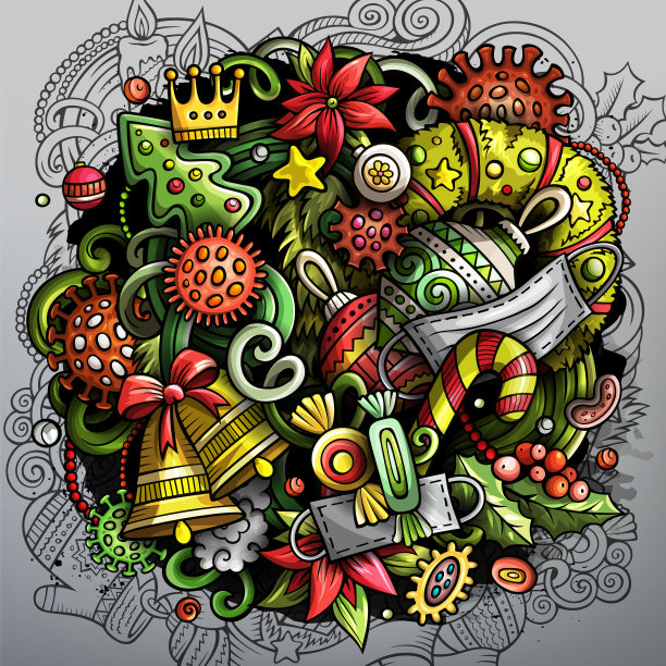 卡通可爱涂鸦新年和冠状病毒插画图片下载
