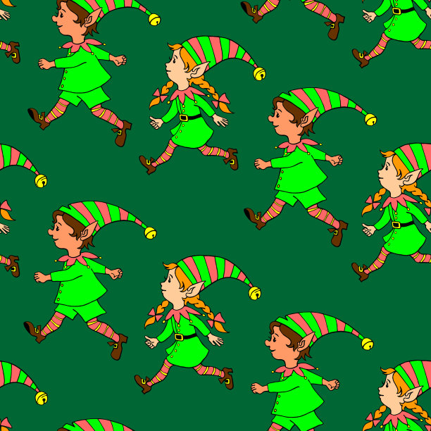 矢量无缝模式与运行的圣诞精灵。新年圣诞手绘背景和纹理。用于贺卡、包装纸、包装、纺织品、织物、印刷品图片下载