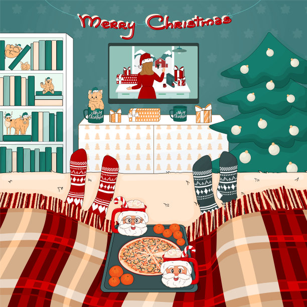 圣诞披萨，可可棉花糖，电视机，书柜，树，格子床，玩具，礼物都在房间里。两个人在看电影在格子织袜子图片下载