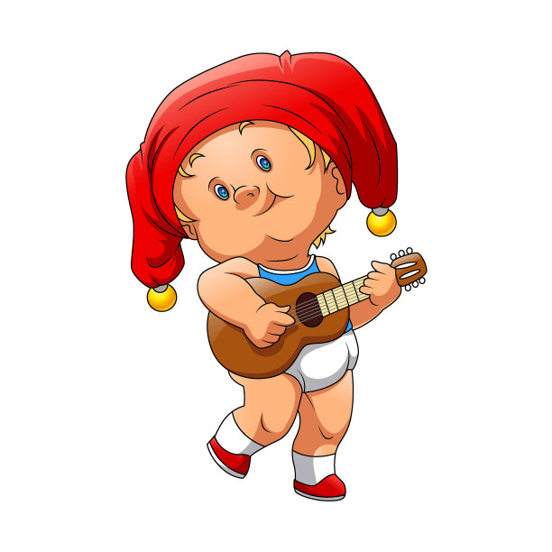 小男孩戴着红色的小丑帽，拿着棕色的吉他图片下载