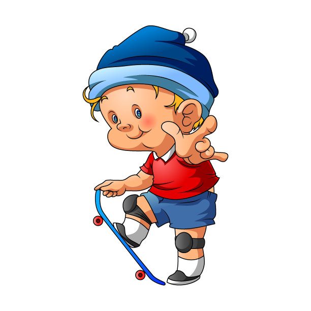 街头小男孩戴着蓝帽子玩滑板素材图片