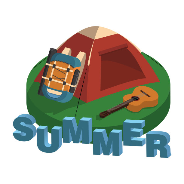 帐篷大旅行背包和吉他在清场图片下载