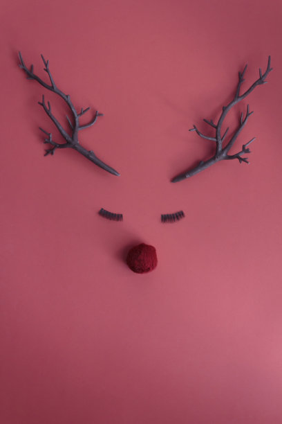 圣诞驯鹿概念红鼻子，鹿角和睫毛在粉红色的背景与复制空间图片下载