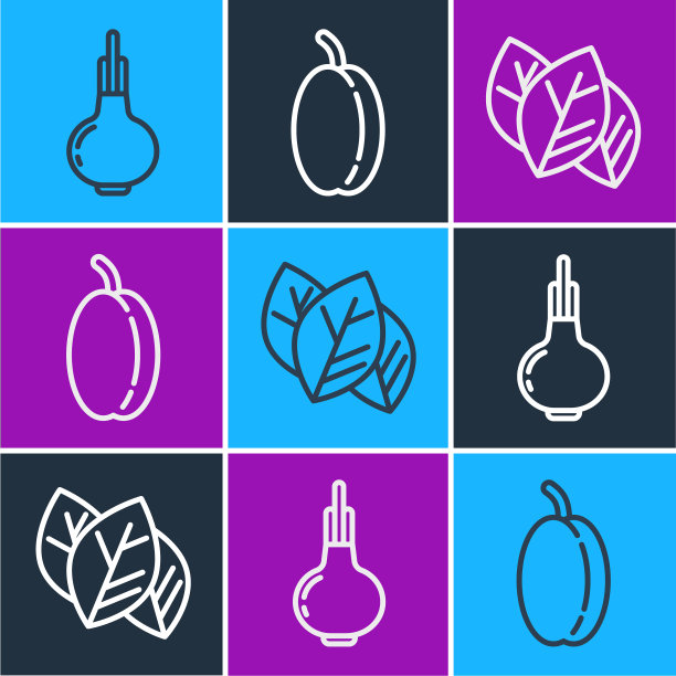 设置线洋葱叶或李子叶和水果的图标图片下载