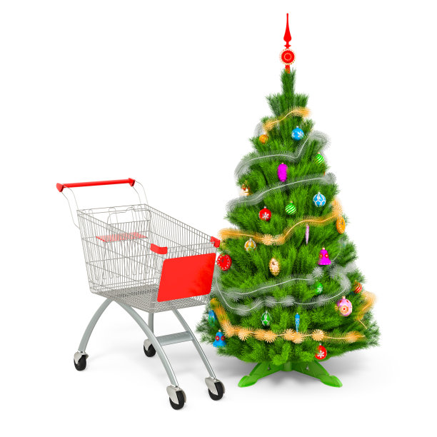 购物车与圣诞树。圣诞销售和购物概念。3D渲染孤立的白色背景图片下载